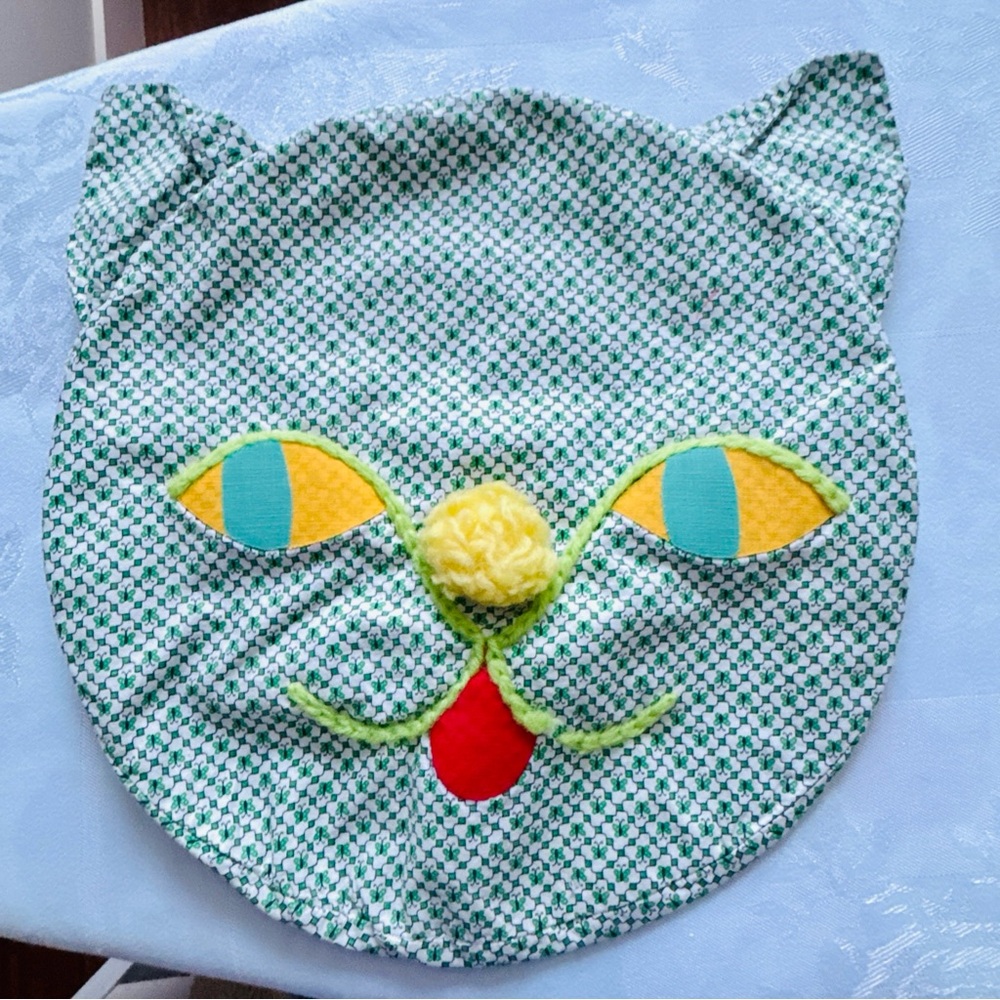 Vintage Cat Kitty Pillow cover Sham Handmade 11”  Green White Cute!